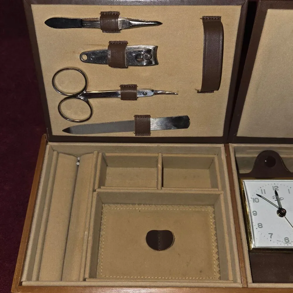 Vintage 60s/70s German Griffon Leather Dresser Valet Travel Clock Manicure set